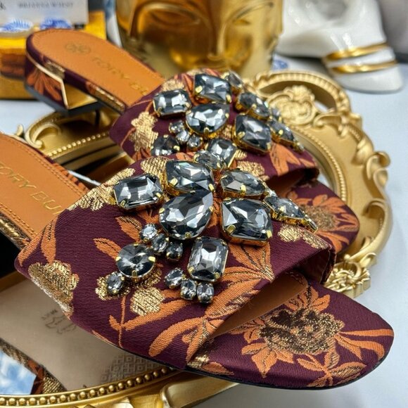 🆕 TORY BURCH 🧿 NWOT Martine 25mm Slide, Burgundy & Gold Jacquard, Sz 7.5 - Picture 14 of 16